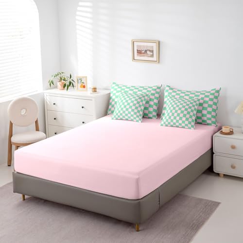 Image of Erosebridal Girls Cute Plaid King Comforter Set with Sheets 7 Piece,Pink Green Checkered Bed in A Bag for Kids Teen Geometric Checkerboard Bedding Sets,Aesthetic Grid Bed Set with Comforter