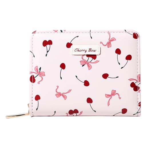 Sunwel Fashion Women Cute Print Wallets with Credit Card Slots ID Window & Zipper Coin Pouch (CHERRY BOW PINK)