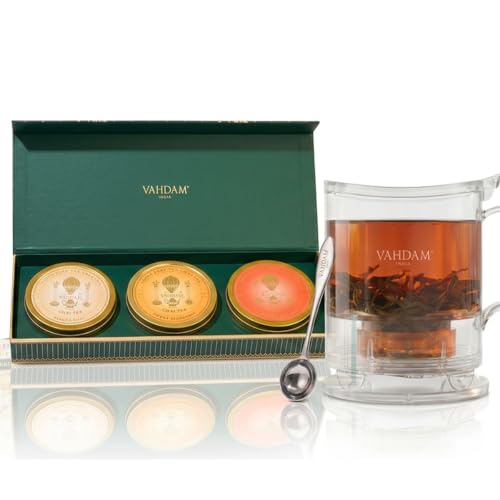VAHDAM Oprah's Favorite Tea Gift Set with Tea Infuser Teapot & Stainless Steel Tea Spoon, 3 Premium Chai Teas in Golden Tin Caddy Gift Box