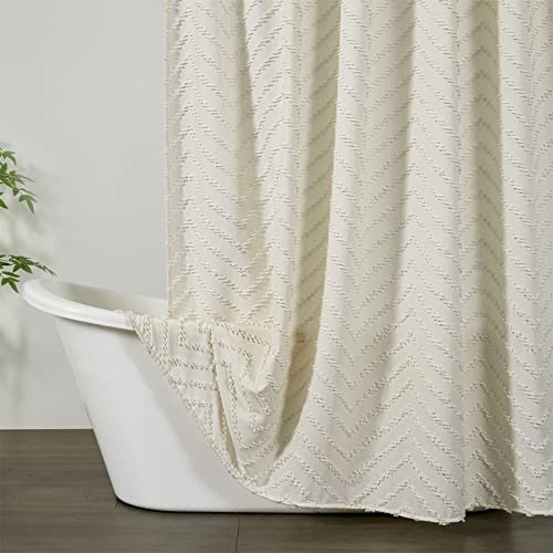 Estmy Boho Beige getuftet Duschvorhang-Sets mit Haken, einfach, minimalistisch, modern, schick, niedlich, Chenille-Streifen, Baumwollstoff, Badezimmer-Dekor, strapazierfähig/wasserabweisend/waschbar Cover