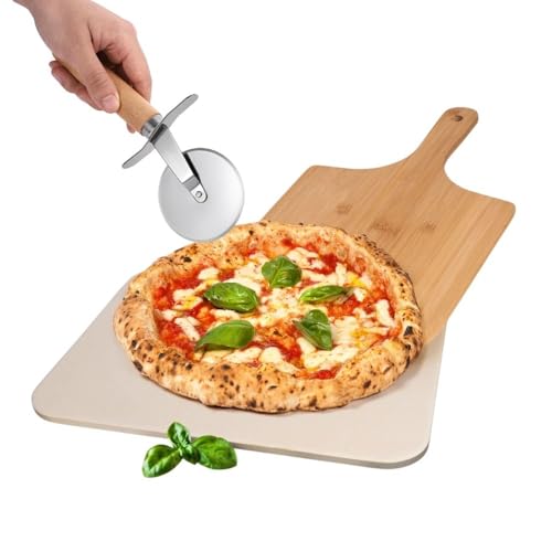 Paluplus Set Pietra Refrattaria per Pizza da 30x38 cm con Pala in Legno e Rondella Tagliapizza, Kit adatto per Forno e Grill per Pane e Pizze fatte in casa, Include Libro di Ricette -9575F