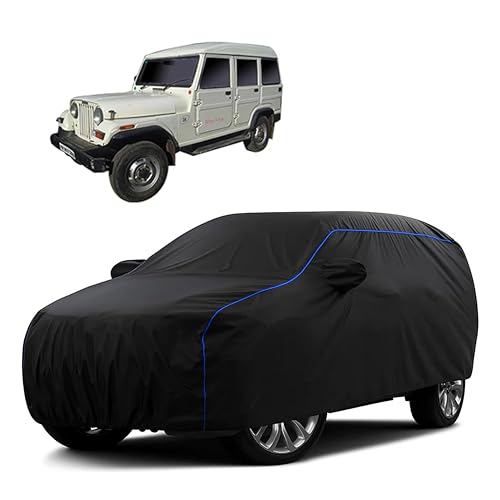 Image of Sulfar 100% Water Resistant Car Body Cover Compatible with Mirror for Mahindra Marshal (Triple Stitched, Full Bottom Elastic, Black Tafetta with Blue Piping)