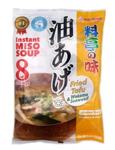 Marukome Instant Ryoutei-No-Aji Miso Soup Original 152g 8 servings with Chunks, Made in Japan, Gluten-Free, No MSG (Pack 1, Aburaage Fried Tofu & Wakame seaweed)