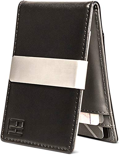 F&H Minimalist Slim Leather Wallet Money Clip Holds 8 Cards (Smooth Black / Grey)