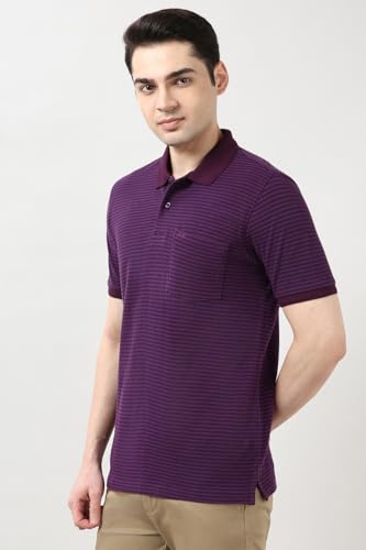 Image of Peter England Men's Cotton-Polyester Fine Stripe Polo T-Shirt - Casual Wear | Sleek & Comfortable