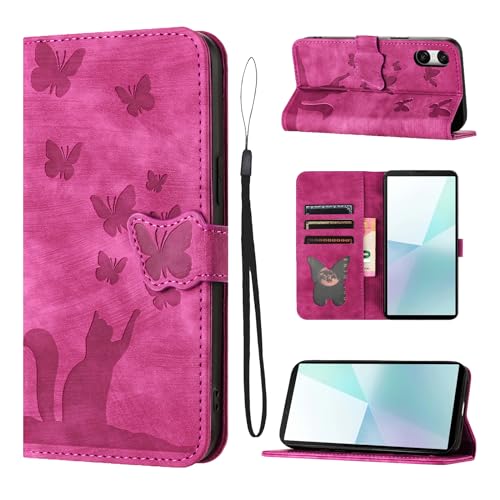 LSPCASA Housse Protection pour Sony Xperia 10 VI Matériau en Cuir PU Coque Sony Xperia 10 VI avec Fentes pour Cartes Étui Motif Papillon Chat Coque Xperia 10...