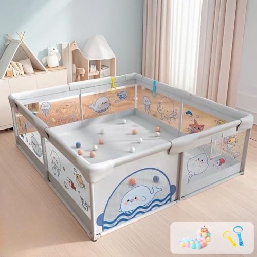 Image of Playpen 150 x 180 cm for Toddlers & Kids up to 5 Years with Pit Balls and 2 Anti-Fall Grasp Rings, Playard with Safety Lock & Suction Cup (No Mat, Non-Foldable) -Grey