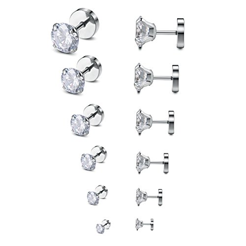 Monily 18G Stud Earrings 316L Stainless Steel Round CZ Stud Ear Piercing Plugs Tunnel Punk for Men Women