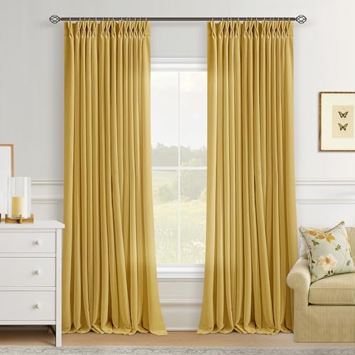 Image of Mustard Yellow Pinch Pleat Semi Sheer Linen Curtains 120 Inch Long
