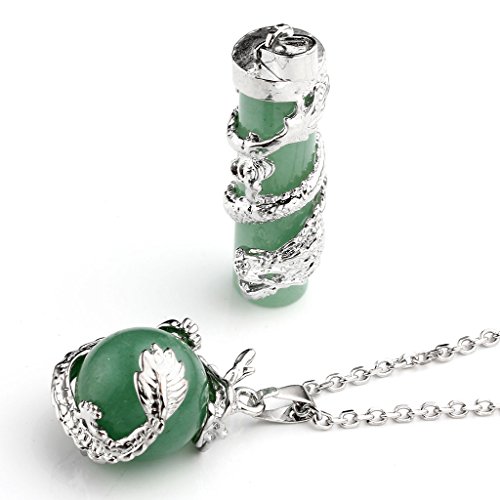 Jovivi 2Pcs Natural Green Aventurine Crystal Dragon Wrapped Round Ball Cylinder Gemstone Healing Crystal Pendant Necklaces Sets For Couples Valentines Day Gifts #TOP1