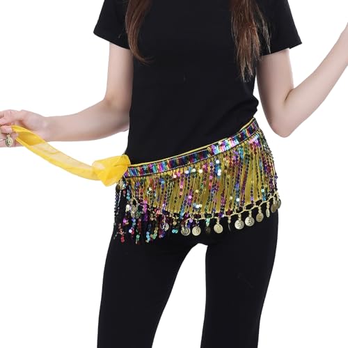 Bailinks Paljetter höfthalsduk för orientalisk dans, chiffongkjol med mynt för magdans, yogalektioner, föreställningar - bälte dans halsduk för kvinnor, Gult, 150 cm / 59 pouces