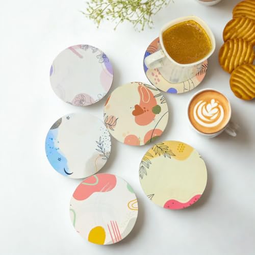 Image of Zesta Coasters for Cups Set of 6 / Wooden Coasters for Bar Accessories for Home /Tea Coaster Set of 6 / Waterproof Dining Table Decor Glass Cover (Abstract, Circle)