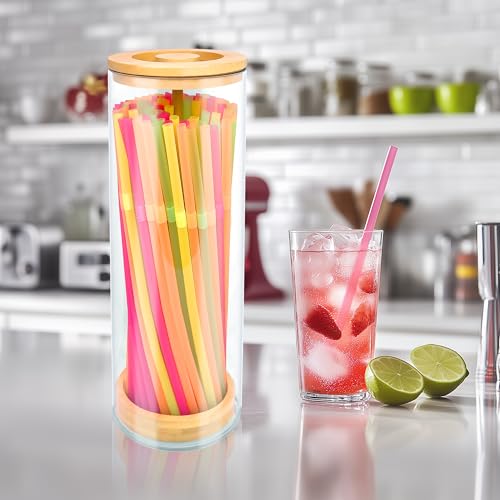Straw Holder Dispenser for Counter, 10-Inch Drinking Straw Dispenser,Acrylic Straw Organizer with Bamboo Lid,Includes 100 Straws,Transparent Straw Storage Container for Kitchen, Pencils and Silverware - Thumbnail 7