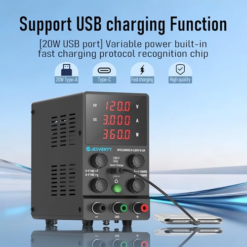 Image of DC Power Supply Variable, 0-120V 0-3A Adjustable Switching DC Regulated Bench Power Supply with 20W USB & Type-C Quick-Charge, Encoder Knob, Reverse Polarity Protection - SPS-12003S
