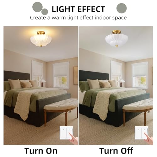 Image of Semi Flush Mount Ceiling Light,Gold Vintage Hallway Light Fixture, 11.8 Inch Scalloped Frosted Milk Glass Close to Ceiling Light for Bedroom Kitchen Living Room Bathroom Foyer, E26 Base