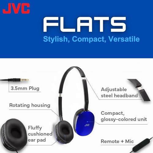 Image of JVC Blue Flat Foldable Colorful Flats On Ear Headphones with Remote and Microphone, 3.94 Foot Gold Plated 3.5mm Slim Plug - HAS160MA, Adjustable