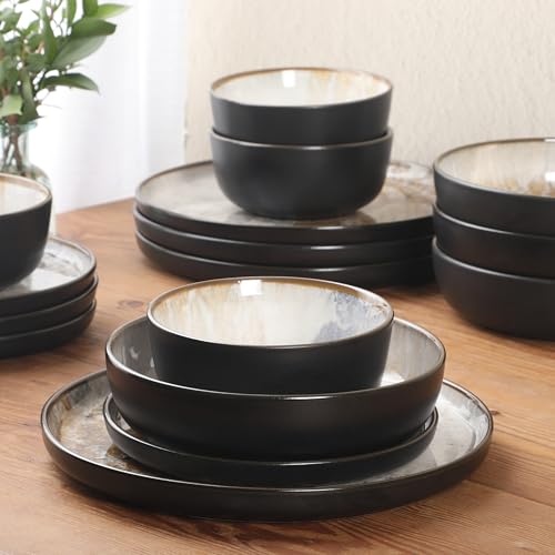 Image of Gibson Elite Chantilly Hill 16-Piece Porcelain Dinnerware Set, Round Plates & Bowls, Multicolor Leaf Design, Microwave & Dishwasher Safe, Service for 4