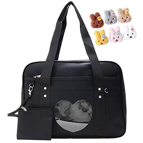 HEHELIFE Heart ITA Japanese School Bag with Kawaii Wallet & Rabbit Pin Doll, Kawaii shoulder bag for Women laptop bag Kawaii Backpack Girls(Black)