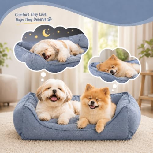 Image of Chambray Dog Bed with Removable Cover, Durable Polyester Fabric, Soft Fiber Cushion, Breathable, Non-Slip Base | Ideal for Small to Medium Dogs, 22x28x7.5 Inch