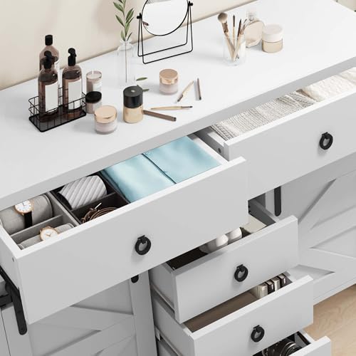 DWVO 54" Farmhouse Dresser for Room, Large Modern Chest of Drawers, Wood Rustic Dresser TV Stand with 5 Drawers & 2 Sliding Barn Doors for Living Dining Room, Entryway, Hallway, White