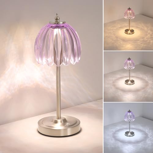 Image of Shenmoyl Tulip Table Lamp with 5200mAh Battery & Touch Control, Cordless Small Table Lamp with 3 Colors, Dimmable Rechargeable Table Lamps for Living Room, Bedroom, Desk, Bedside (Clear Purple Tulip)