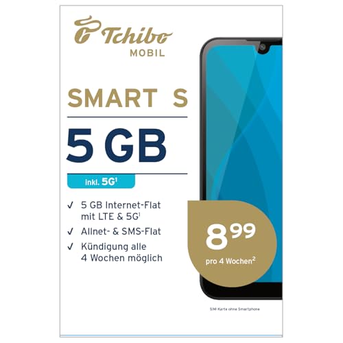 Tchibo MOBIL Smart S SIM-Karte | 5 GB Datenvolumen + Allnet- & SMS-Flat | Surfen mit LTE/5G | Nur 8,99 € alle 4 Wochen | Ohne Lange Vertragsbindung | EU-weites Roaming Tchibo MOBIL Smart S SIM-Karte | 5 GB Datenvolumen + Allnet- & SMS-Flat | Surfen mit LTE/5G | Nur 8,99 € alle 4 Wochen | Ohne Lange Vertragsbindung | EU-weites Roaming
