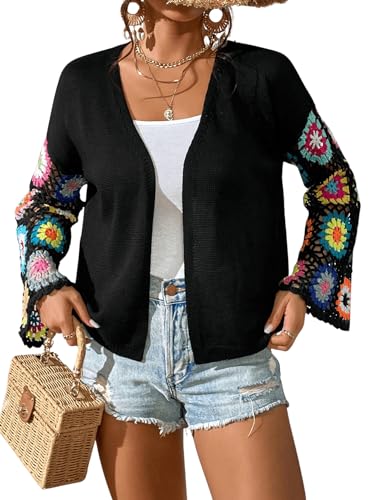 COZYEASE Women's Floral Crochet Long Sleeve Drop Shoulder Open Front Cardigan Sweater4