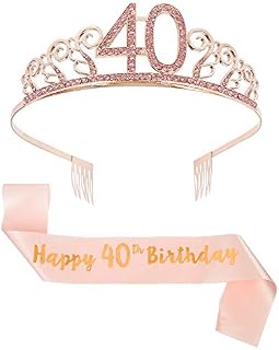 Bohoman Rose Gold Happy 40th Birthday Sash and 40 Birthday Tiara Rhinestone Crown Headband for 40 Birthday Gift Party Accessories 40th Birthday Decoration Girls Women