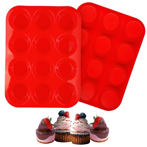 Bosmsaslad 2 Piezas Grande Moldes Silicona, 29.5×22×6.5cm Molde de 12 Magdalenas Horno, Moldes Reposteria, Recubrimiento Bandeja Antiadherente Reutilizables para Horno para Cupcake, Brownie, Pudín, M