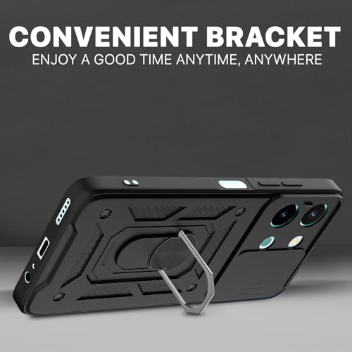 Image of Pikkme D10 Tough Armor Bumper Case | 360 Protection Case | Sliding Camera Shield Cover & Ring Holder Stand Back Cover for Vivo T3x 5G / Vivo Y200i 5G (Black)