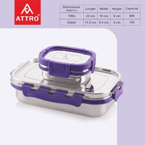 Image of ATTRO Shine Medium Stainless Steel Lunch Box 2-Piece Set - 800ml + 150ml - Leak-Proof, BPA-Free, Compact & Durable - Ideal for Kids, Office, Travel - Purple