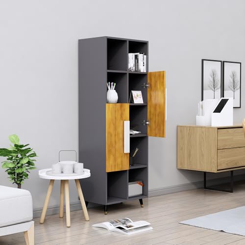 Image of Bniture Bookshelf for Home | Engineered Wood Book Shelf with 2 Door & 6 Shelf | Open Book Shelf Stand for Library | Multipurpose Display Organizer for Living Room & Study | Slate Grey & Giant Wood