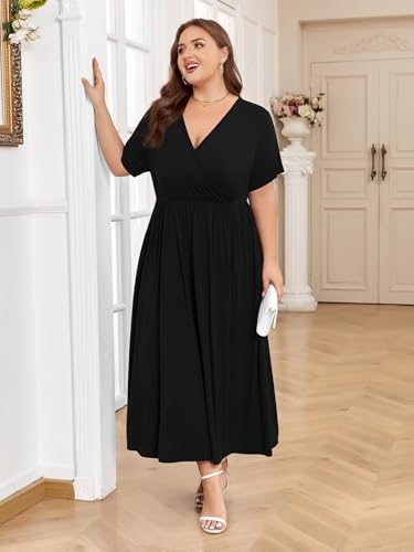 Image of BELAROI Womens Plus Size Maxi Dress Summer Wrap V Neck Flowy Long Sundress Beach Dresses with Pockets
