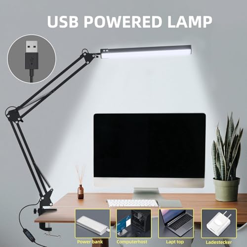 Image of NYRWANA LED Table Lamp for Study Room, Adjustable Arm Desk Lamp, 3 Color Modes, 10-Level Dimmer, Eye Care Reading Light with Clamp, Flicker-Free Warm White Light for Students, Home & Office (Black)