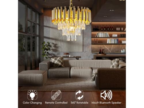 Image of Zingy Modern Gold Crystal Moving Chandelier, 300mm (30 Cm. (11.8 Inch) Round LED Pendant Light with Remote Control, Multicolour Changing,Luxury Contemporary Ceiling Light Fixture for Decoration A