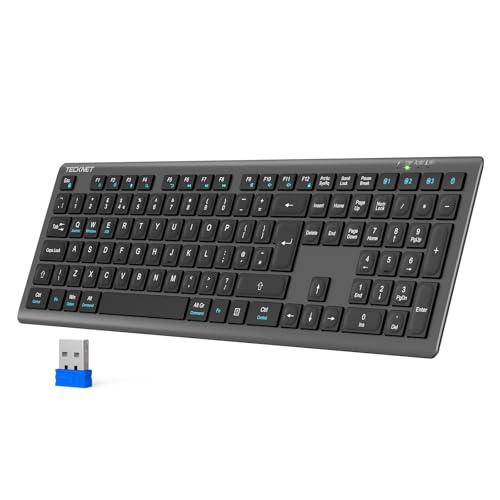 TECKNET Wireless Keyboard, Rechargeable 2.4GHz USB Bluetooth Keyboard for 4 Multi Devices, Ultra Slim Full Size UK Layout Keyboards for Computer, Laptop, Tablet, Desktop, Phone (Grey Black)