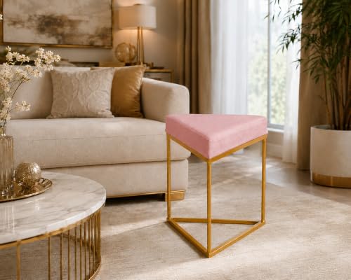 Image of Modern Velvet Triangular Vanity Stool with Gold Metal Frame | Upholstered Makeup Chair for Dressing Table | Accent Seating for Bedroom, Living Room & Home Decor-Pink