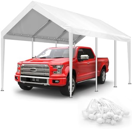 10x20FT Carport Canopy Replacement Cover Heavy Duty Waterproof & UV Protected, All Weather Car Shade Canopy with Ball Bungees (White, 10