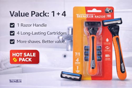 Image of 3-Blade Razor | Razor for Men, with 3 Anti-Friction blades, Dynamic Pivot for Smooth & Comfortable shave with Flexible Head, Water-Activated Moisture Strip (4 Cartridges)