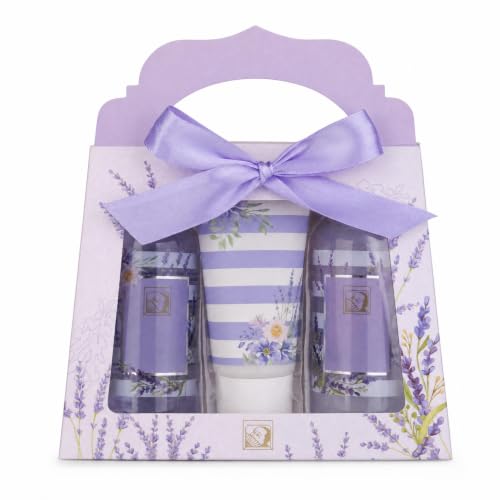 Accentra - set de ducha para mujer LAVANDA en una hermosa caja de regalo - set de cuidado y bienestar de 3 piezas con gel, loción corporal y baño de burbujas