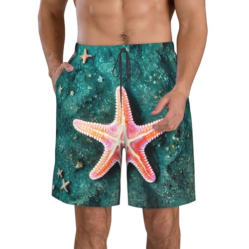Seawater Seashell Starfish Print Mens Casual Shorts Drawstring Summer Beach Stretch Shorts Novelty Swimtrunks