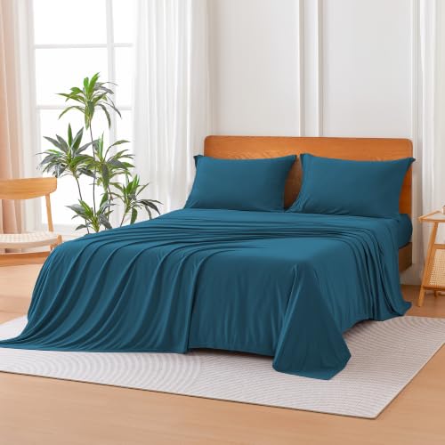 Image of Amazon Basics Jersey Knit 4-Piece Sheet Set, Wrinkle Resistant and Easy Fit, Includes 16 inch Deep Pocket Fitted Sheet, 1 Flat Sheet and 2 Pillowcases, King, Dark Teal