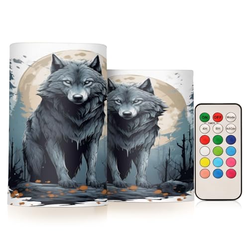 ALAZA Wolf (72) Flickering Flameless Candles Battery Operated with Remote Timer,Tea Light Candles LED Pillar Votive Candles Set of 2 for Outdoor Indoor Decorations