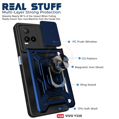 Image of Armor Bumper Back Cover Case for Vivo Y33S / Y21 2021 | Rotating Camera Cover, Ring Holder & Kickstand | Heavy Duty & 360 Degree Protection Vivo Y33S / Y21 2021 Back Cover (Blue)