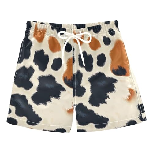 FLildon Brown Cow Print Little Boys Swim Trunks with Mesh Lining Quick Dry Beach Board Shorts, 3T