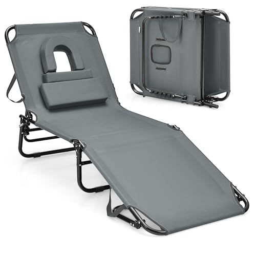GOPLUS Tumbona Plegable, Tumbona Jardín Exterior con Agujero para Cara, Almohada Extraíble y Respaldo Ajustable en 5 Posiciones, Tela Oxford, Playa Piscina Terraza Carga 160kg 194x63x37cm (Gris)