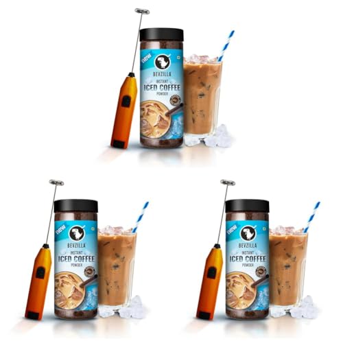 Image of Bevzilla 200g Instant Iced Coffee Powder & Frother Combo | Makes 100 Cups | Arabica Iced Coffee Mix | Cold Coffee | Unbreakable Jar (Pack of 3)