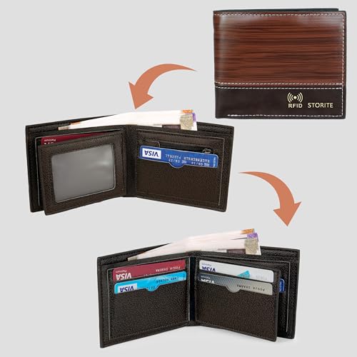 Image of Storite Men's Leather RFID Blocking Bifold Wallet - Slim Purse for Gents with Multiple Card Slots, Coin Pocket & ID Window - Gift for Men - D Wooden (11.5 x 2 x 9.5 cm)
