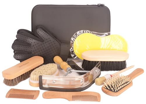 Horse Grooming Kit (10-Piece) with Tote,Horse Cleaning Tool Set with Assorted Hair and Curry Comb, Hoof Pick Sweat Scraper,Grooming Gloves,Portable Black Storage Bag,Riding Equipment for Beginners