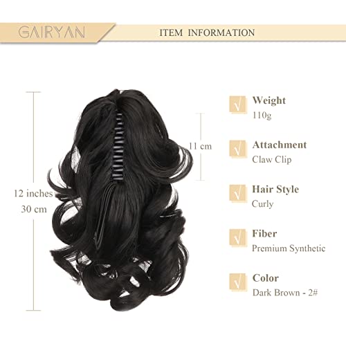 Gairyan 12" Clip in Ponytail Hair Extensions Curly Ponytail Extension Claw on Pony tails Wavy Synthetic Hairpieces for Women Real Look Short Wave (Dark Brown) - Image 2